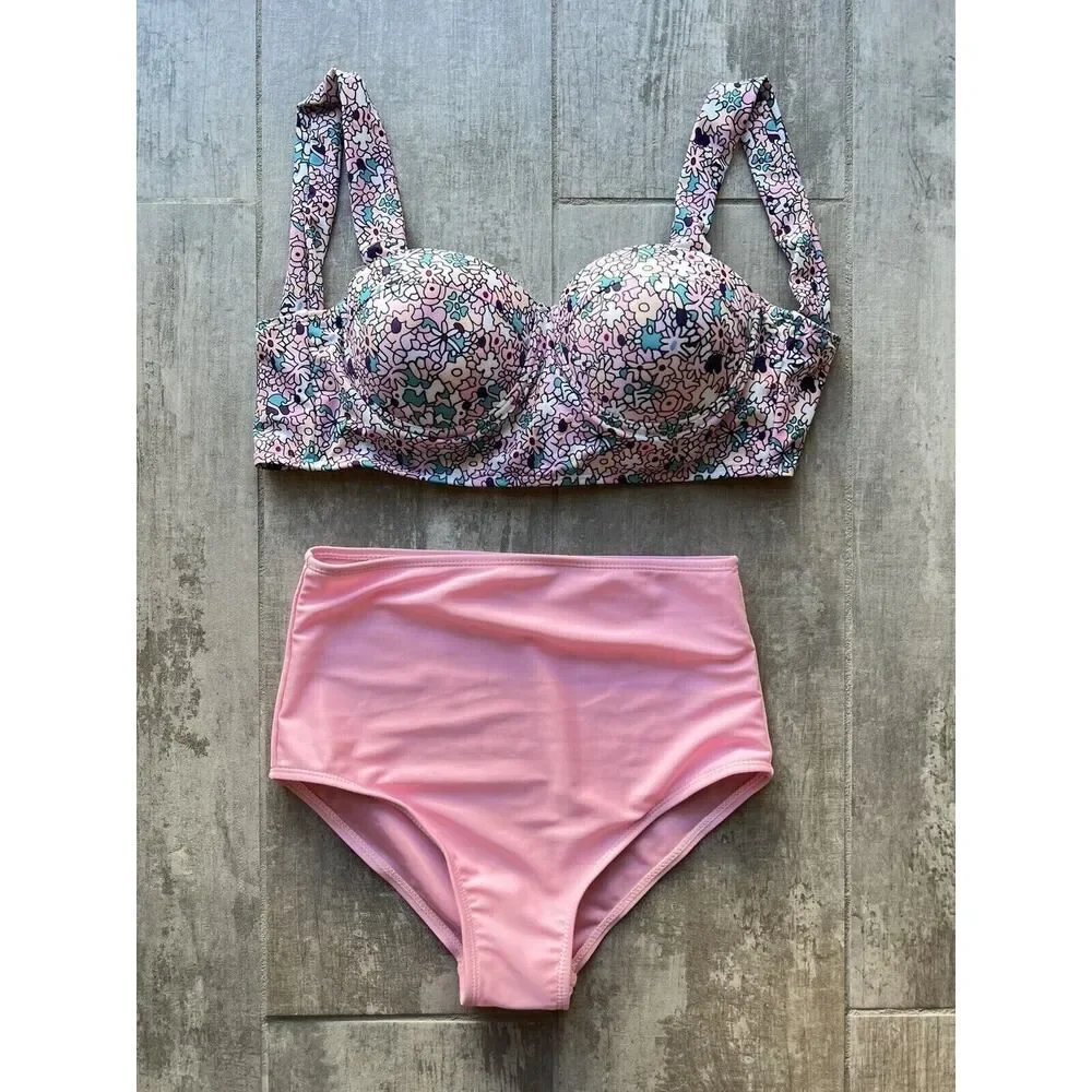 Los Angeles Boutique 2 Piece High Waisted Bikini Set Push Up Pink Floral L (M)